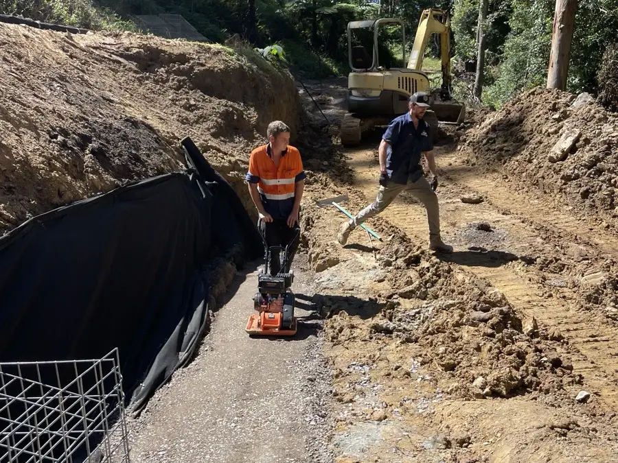 Trench and geotextile going in ahead of a gabion retaining wall in Buderim