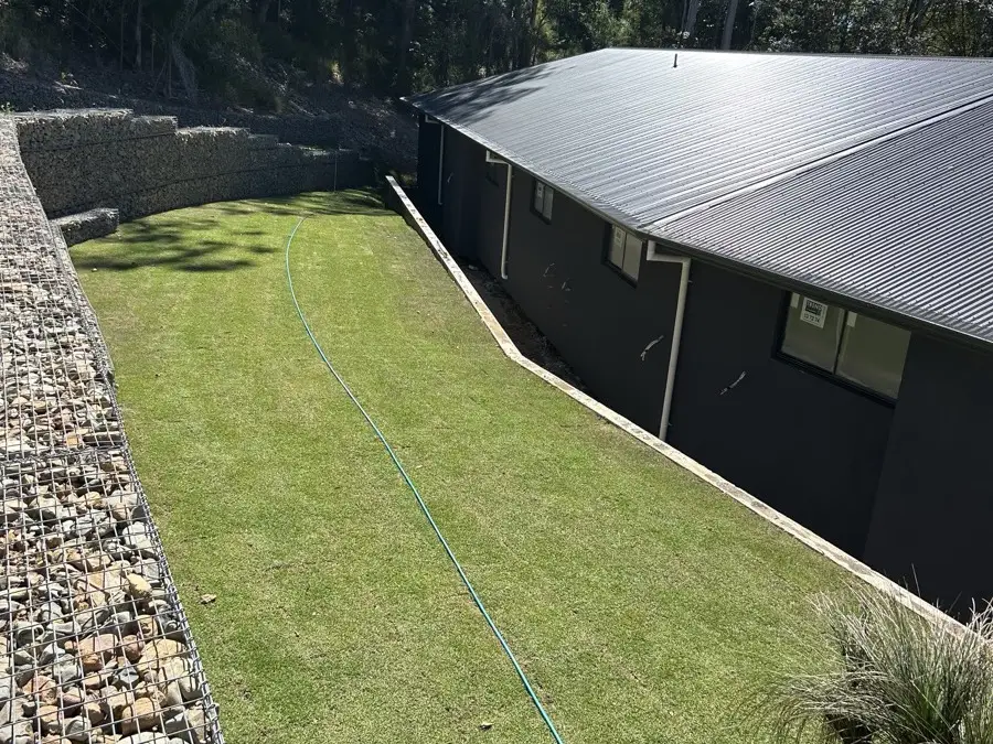 Finished gabion wall and turf on a job in the Morayfield to Gympie corridor